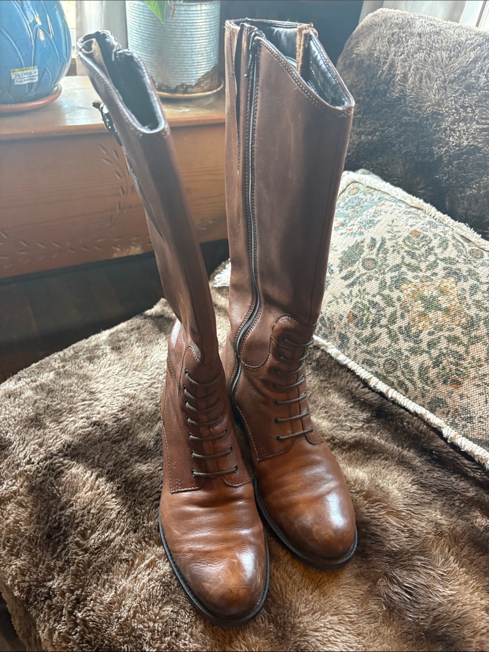 Women's Tall Brown Leather Lace-Up Riding Boots